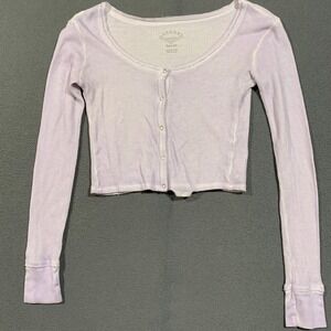 Sundown by Splendid Cardigan Women Medium Purple Waffle Knit Crop Top Sleeve